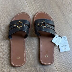 Zara Black Slide Sandals with Gold Stud Detail